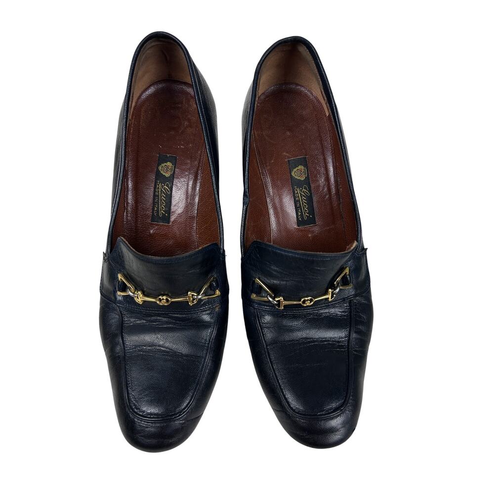 Gucci Vintage Black Leather Horsebit Pilgrim Stacked Wooden Heel 5.5 - Picture 2 of 6